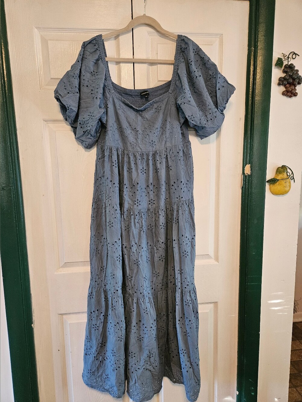 Blue Eyelet Puff-Sleeve Maxi Dress